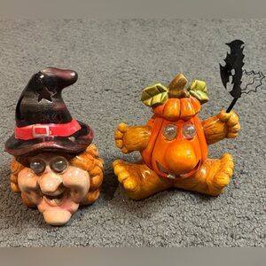 Vintage Halloween Witch Pumpkin Ceramic Tea Light Candle Holder 5.5”